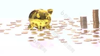 看着这张桌子，一个很小的胖猪从它身上露出来，一些小钱币就从左撇子爬下来